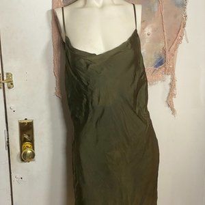 Olive Green Silky Satin Slip Dress - Size 10